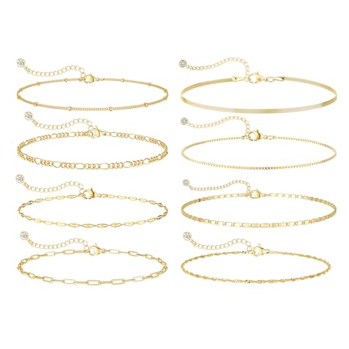 Tewiky Waterproof Gold Bracelets for Women Non Tarnish - Dainty Stack 14K Gold Plated/Sterling Silver Chain Bracelets Set Adjustable Trendy Jewelry for Women - style: Style D