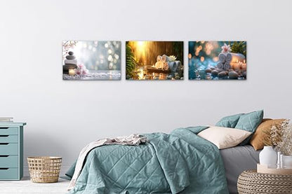 3 Pieces Zen Wall Art, Zen Stone Candle White Orchid Flower Pictures, Abstract Relax Calm Spa Paintings, Framed Zen Themed Canvas Prints Wall Decor for Living Room Bedroom Wall Home Office Artw