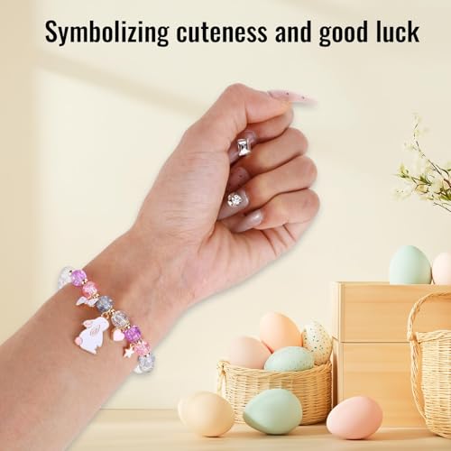 6PCS Easter Bracelets Easter Basket Stuffers Colorful Beaded Stretch Bracelet with Lucky Bunny Charm Spring Holiday Gifts for Women Party Favors Celebration Accessories