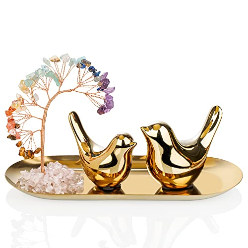ZenBless Crystals Tree,Small Birds Statue,7 Chakra Healing Crystals Stones Tree Storage Tray Yoga Meditation Zen Room Office Home Decor Set Figurine Ornament Decoration Feng Shui Wealth Luck - color: Birds Statue + 7 Chakra Tree + Gold Tray