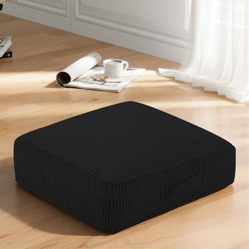 Meditation Floor Pillow for Adults, 8" Extra Thick Floor Cushion for Sitting with Washable Cover, Large Corduroy Meditation Pillow, 22 inches Tatami Seat with Handle for Yoga Pillow, Black - color: Black, size: 22x22x8 inch
