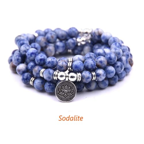 108 Mala Beads Bracelet Necklace - Gemstone Prayer Beads with Lotus Charm for Meditation & Yoga - style: Sodalite
