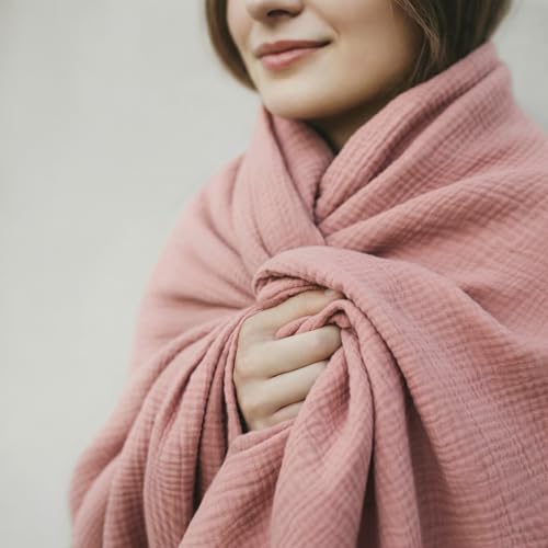 4-Layer Muslin Cotton Queen Bed Blanket (90 x 90 inches) – Ultra Soft Breathable Gauze, Lightweight All-Season Cozy Blanket, Machine Washable – Pink - color: Pink, size: Queen (90 x 90 inches)