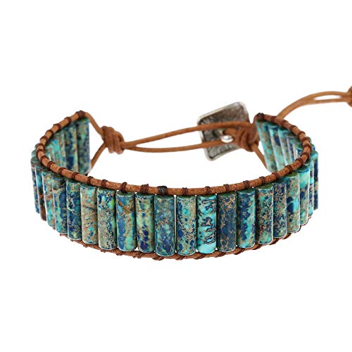 Plumiss Women Boho Handmade Natural Stone Crystal Leather Bead Wrap Bracelets Collection - style: Colorful Blue Jasper 1W