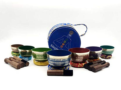 Nepal-Chakra Singing Bowl Set of 7 - Handcrafted Tibetan Sound Healing Bowls Gift Set Includes Carry Bag Seven Colors Cushion Mallet (7 Pcs)