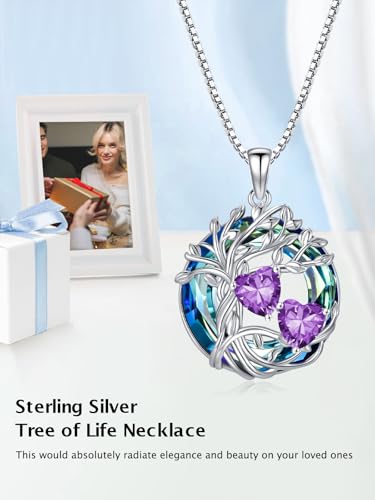 TOUPOP s925 Sterling Silver Family Celtic Tree of Life Pendant Necklaces with 2 Heart Birthstone with Blue Austrian Crystal Jewelry Birthday Valentines Day Gifts for Her, Anniversary Christmas Gifts for Wife Girlfriend Mom (18K Real White Gold Filled) - c