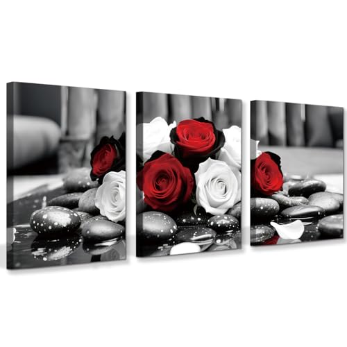 Framed Black and White Red Rose Canvas Wall Art Set of 3,Floral Bathroom Wall Decor Abstract Rose Flowers Print Poster Modern Home Decorations,12x16inch - color: Framed-red Rose Wall Art