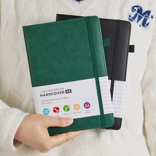 2 Pack Lined Journal Notebook, A5 (5.7"x8.4") Journaling Notebooks for Women Men Writing Work, Black Leather Hardcover, 160 Pages, 100GSM Paper, Daily Journal College Ruled, School Office Supplies - color: Black