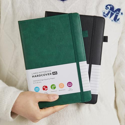2 Pack Lined Journal Notebook, A5 (5.7"x8.4") Journaling Notebooks for Women Men Writing Work, Black Leather Hardcover, 160 Pages, 100GSM Paper, Daily Journal College Ruled, School Office Supplies - color: Black