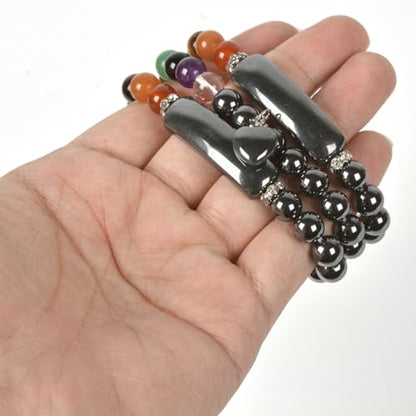 Justinstones Gem Semi Precious Gemstone Love Heart Charm Stretch Beaded Bracelet Unisex - color: Hematite(7 Chakra)