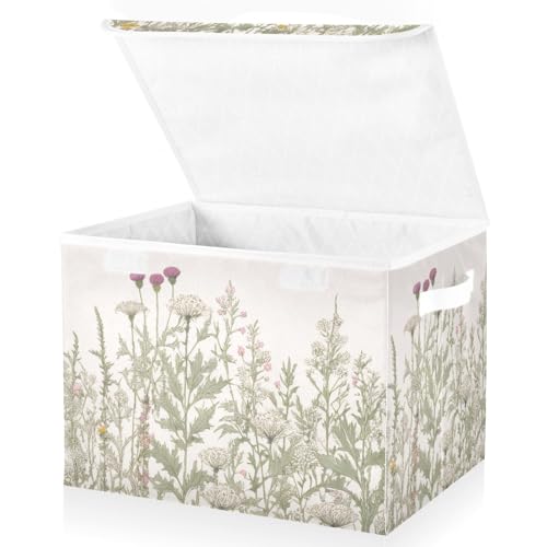 Kigai Collapsible Herbal Wildflowers Storage Basket with Lids and Handles,Storage Bins for Shelves Closet Bedroom,Office Storage