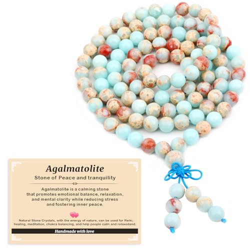 AD Beads 6mm 8mm 108 Prayer Mala Jasper Elastic Bracelet - Handmade Yoga Meditation Healing Power Energy Gifts for Unisex Adult. - color: Agalmatolite (Peace)