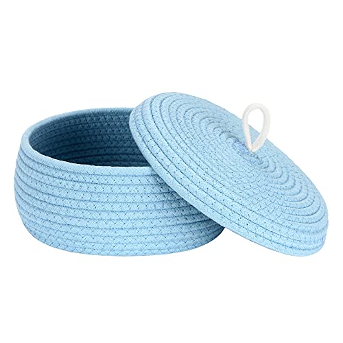 Sea Team Round Cotton Rope Storage Basket with Lid, Decorative Woven Storage Bin, Pot, Caddy, Organizer, Container for Snacks, Towels, Plants, 10 x 4.5 Inches (Small, Shallow, Blue) - color: Blue, size: Small/Shallow