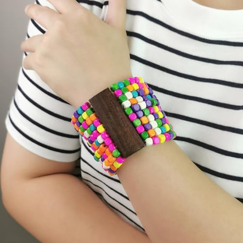 Stretch Wooden Beads Cuff Bracelets Multi Layered Natural Wood Beads Chunky Bangle Wooden Handmade Wide Bracelets Bohemia Jewelry for Women Men - color: D