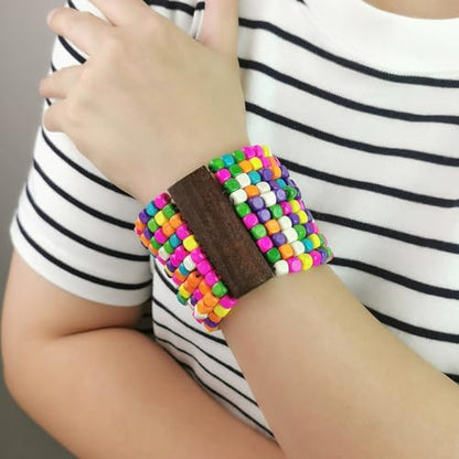 Stretch Wooden Beads Cuff Bracelets Multi Layered Natural Wood Beads Chunky Bangle Wooden Handmade Wide Bracelets Bohemia Jewelry for Women Men - color: D