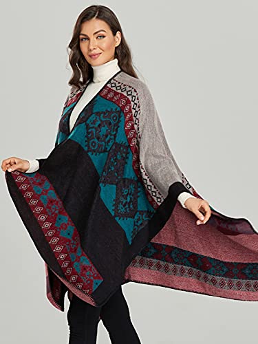 Women's Shawls and Wraps Open Front Poncho Cape Winter Sweater - color: N33-totem Pink Black