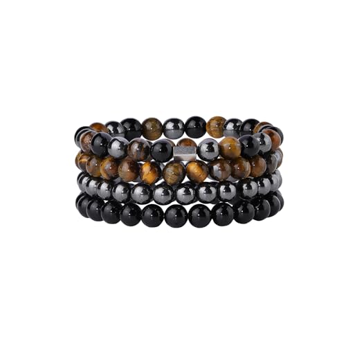 Fengling 4 PCS Beaded Crystal Bracelet for Women 8mm Natural Gemstones Handmade Bracelet for Girls Healing Stretch Bracelets Crystal Jewelry for Women Gifts - color: Tiger Eye&Black Obsidian&Hematite