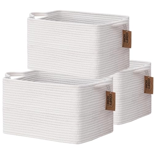 COMFY-HOMI 3PACK Cotton Rope Square Basket with Handles for Shelves|Dog Toy Bin and Storage|Baby Basket for Gift|Shoe Basket for Organizing for Living Room (All White, 13.5" x 11" x 9.5") - color: all white, size: 13.5" x 11" x 9.5"