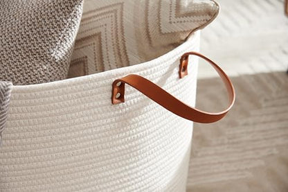 Extra Large Nursery Storage Basket, 22 x 22 x 14 inches - 100% Cotton Rope Baskets with Handles, Laundry Basket for Toys, Blankets & Pillows - Off White with Leather Handles