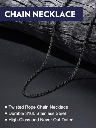 Bandmax Solid 1.5mm/2mm/3mm/6mm Rope Chains for Men Women 14K Gold Plated/Black Plated Stainless Steel Twist Chain 16-30 Inches, with Gift Box - color: 09 3MM Black Plated