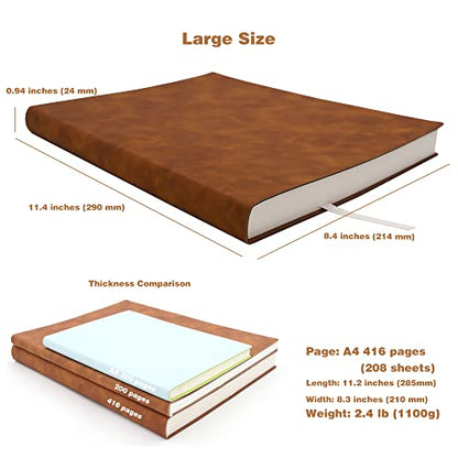 Large Thick Journal Notebook, Blank Papers, A4 8.4x11.4 inches, 416 Pages, Soft Faux Leather Cover Sketchbook for Writing Drawing (Brown, Plain) - color: Brown, Plain, 416Pages