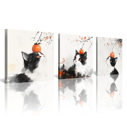 NAN Wind 3PCS Modern Japanese Style Cat Wall Art Black White Orange Watercolor Canvas Print Asian Oriental Cat Minimalist Ready to Hang Home Decor Tuxedo Kitchen Living Room Artwork - color: Japanese Style Cat, size: 14x14 inches (3 pieces)