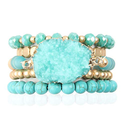 RIAH FASHION Bohemian Acrylic Druzy Multi-Layer Bead Statement Bracelet - Versatile Faux Stone Pendant Stretch Strand Stackable Cuff Bangle Set Sparkly Crystal - color: Acrylic Druzy & Natural Stone Bead Turquoise