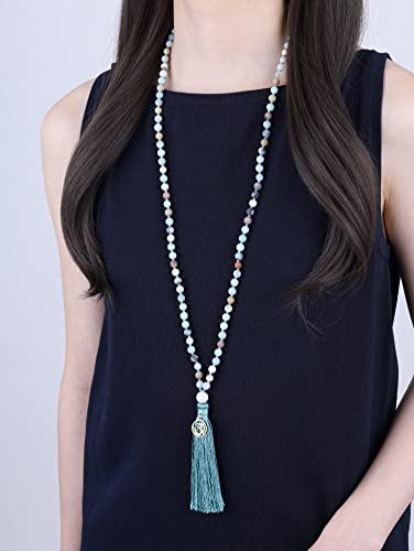 COAI OM Charm Hand Knotted Tassel 108 Mala Beads Necklace - color: Matte Amazonite, size: 6mm