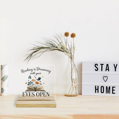Book Lover Gifts Desk Decor Sign, Reading Is Dreaming With Your Eyes Open Acrylic Plaque - color: Reading