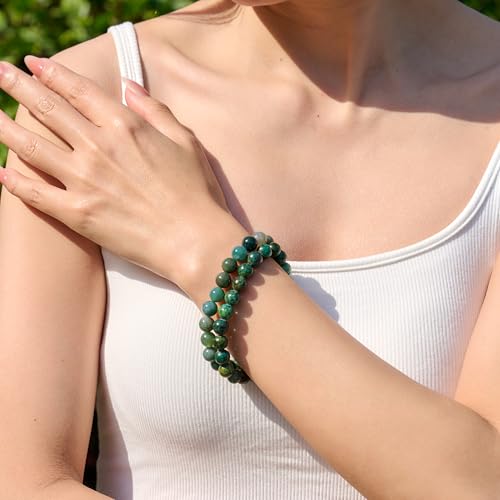 Bivei Natural Gemstone Semi Precious Healing Crystals Handmade Stretchy Round Beads Bracelet,Stocking Stuffers for Women Enhance Positive Energy - color: 8mm Moss Agate & African Turquoise (Peace & Prosperity), size: Large: 8-8.26 inch