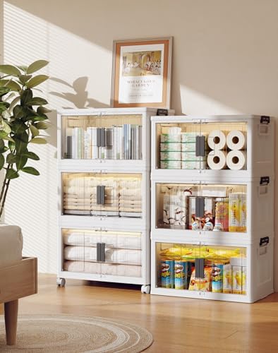 OlarHike 48QT Stackable Storage Bins with Lids - Folding Storage Boxes with Doors and Wheels, Collapsible Plastic Storage Organizer for Closets, Storage and Organization, 6 Pack Cubes - size: 48QT-White, style: 6Pack