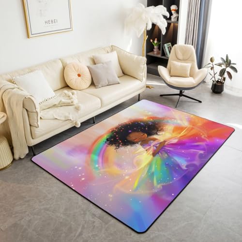Castle Fairy Afro Girl Mat Rug for Living Room Bedroom,Rainbow Stars Polka Dots Soft Cozy Carpet Girly Dreamy Decor Floor Mat Colorful Room Decorative Rug,3x5 - color: Colorful 3, size: 4'11" x 3'3" (Rectangular)
