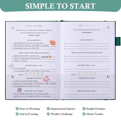 Comkiso Gratitude Journal with 4 Inspirational Stickers: Undated Daily Gratitude Journal for Women and Men - More Happiness, Affirmation, and Mindfulness in A Few Minutes with Prompts & Quotes (Green) - color: B. Green