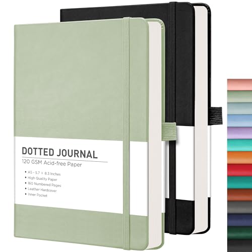 RETTACY Dotted Journal Notebook, 2-Pack, 160 Numbered Pages per Pack, A5 Medium Size (5.7'' x 8.3''), 120 GSM Thick Paper, Leather Hardcover, for Journaling, Planning, Tracking (Black & Light Green) - color: Black & Light Green, style: Dotted