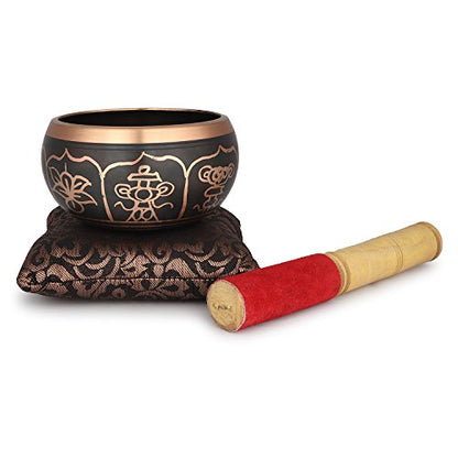 Tibetan Singing Bowl Set (4 Inch) with Mallet & Cushion – Meditation Sound Bowl for Yoga, Mindfulness & Relaxation – Handcrafted Gift Set (Black) - color: BLACK