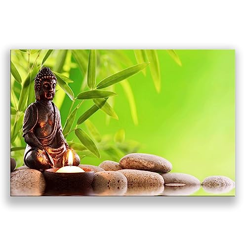 BoxColors Single Panel 20x30 inches Art Canvas Prints stone bamboo candle reflection water buddha meditation relaxing Spa Wall Pictures Framed Home Decor Living Room Bedroom bathroom Office (R2319)