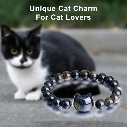 Beaded Bracelets for Women, Black Obsidian Money Attraction Bracelet, 8mm Healing Relax Anxiety Luck Crystal Bead Bracelets, Adjustable Jewelry Feng Shui Stretch Bracelet Cat Lover Gifts for Women Men
