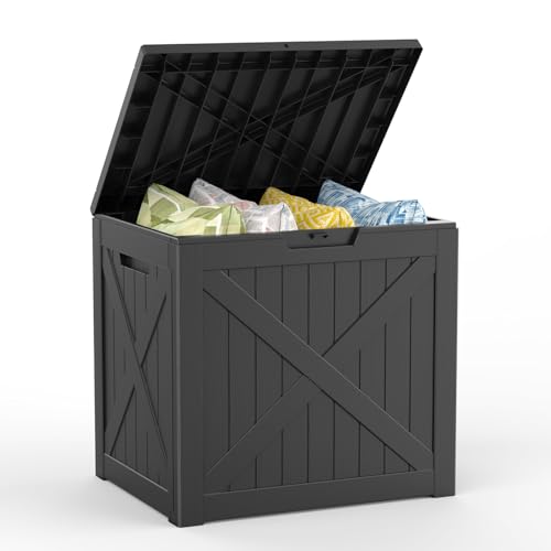 Mars Villa 31 Gallon Deck Box, Outdoor Storage Box Waterproof, Outside Resin Storage Bin for Outdoor Patio Furniture Cushion, Pool Supply, Garden Tool, UV-Resistant and Weatherproof, Black Barn - color: Black, size: 31 Gallon Barn