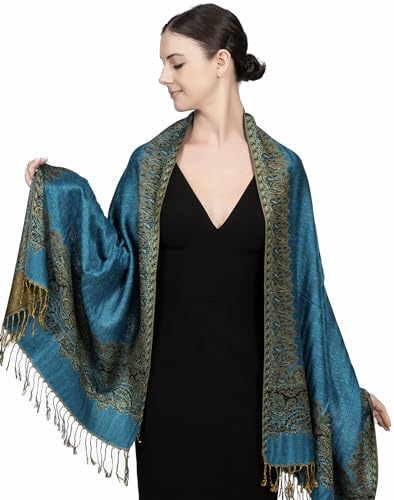 Achillea Reversible Paisley Pashmina Rave Scarf – Exotic Indian Shawls and Wraps for Evening Dresses, Festivals, All Seasons - color: Border Turquoise