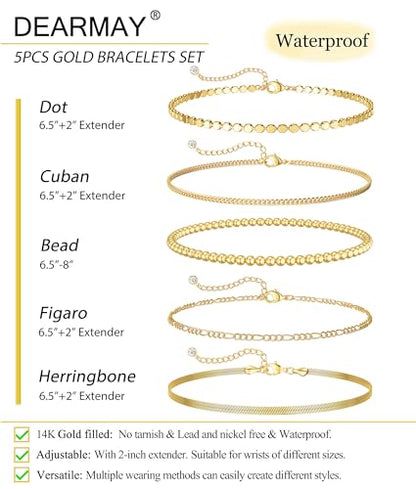 DEARMAY Gold Bracelets for Women Waterproof, 14K Gold Plated Stackable Jewelry Sets Non Tarnish Trendy Thin Dainty Cuban Link Paperclip Chain Bracelet Stack Fashion Accessories Gifts for Womens - style: 5Pcs BRACELET B