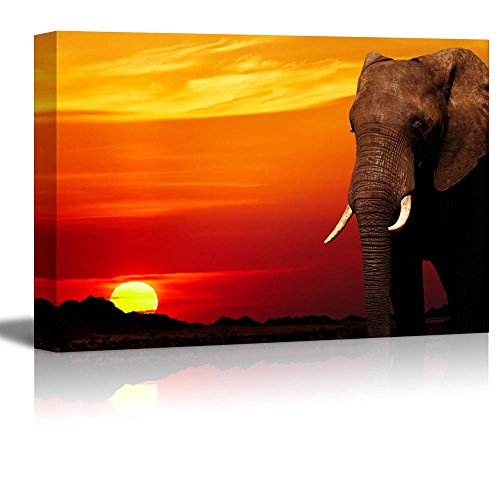 wall26 - Canvas Prints Wall Art - African Elephant in Savanna at Sunset | Modern Wall Decor/Home Decoration Stretched Gallery Canvas Wrap Giclee Print. Ready to Hang - 12" x 18" - color: African Elephant, size: 18"L x 12"W