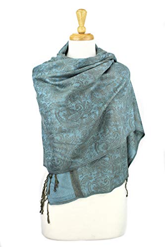 PASKMLNA Paisley Jacquard Pashmina Shawl Wrap Scarf Stole - color: Olive Light Blue