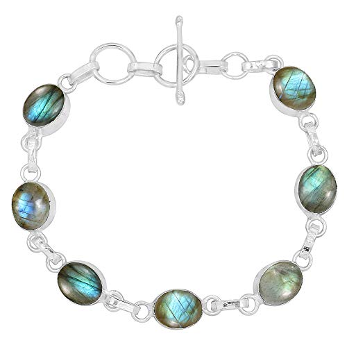 Oval Shape Natural Gemstones Statement Bracelet for Women - 925 Silver Plated Handmade Birthstone Bohemian Vintage Style Women's Jewelry Gifts for Wedding Anniversary Christmas Valentine's Day - color: Labradorite