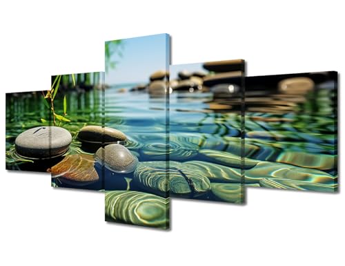 TUMOVO Wall Decor Zen Elements Pictures Paintings Rocks and A Tranquil Pond Wall Art for Living Room Zen Artwork 5 Pieces Prints on Canvas House Decor Giclee Framed Ready to Hang, 50" Wx24 H - color: Artwork-04, size: 50"Wx24"H