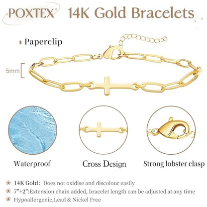 3mm Diamond Classic Tennis Bracelet for Women Dainty, Gold Jesus Cross Bracelets Trendy, 14K Gold Plated Heart/Evil Eye/Pearl/Starfish & Seashell Charm Bracelets for Women Bulk - style: CrossPaperclip-Gold