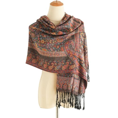 Paisley Pashmina Rave Shawl Scarf-Women's Reversible Ethnic Jacquard Pashmina Wraps for Travel - color: C#.black Plum