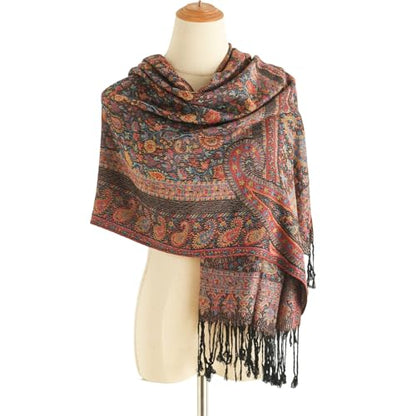 Paisley Pashmina Rave Shawl Scarf-Women's Reversible Ethnic Jacquard Pashmina Wraps for Travel - color: C#.black Plum