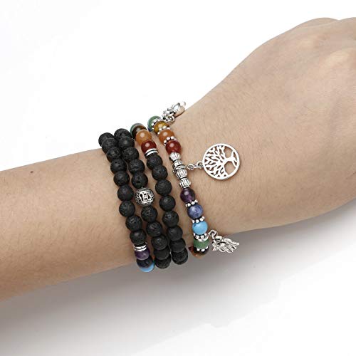 Jovivi 6mm Mala Beads 108/Lava Rock 7 Chakra Tree of Life/Hamsa/OM/Lotus/Elephant Charm Healing Crystal Bracelet Necklace