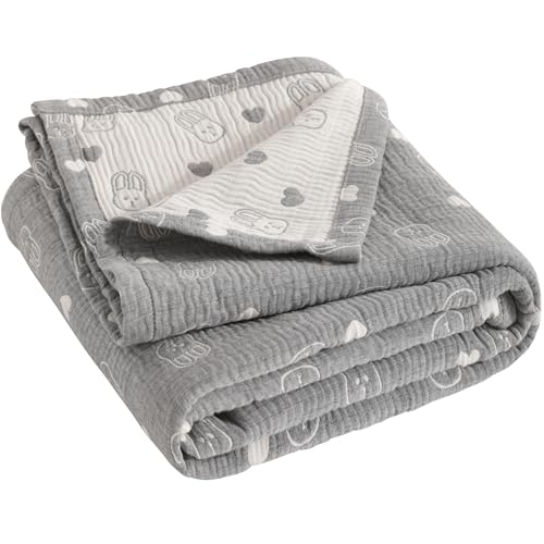 NTBAY 3 Layer Muslin Cotton Toddler Blanket, Jacquard Reversible Nursery Bed Blanket, Super Soft and Thermal for All Seasons, Decoration Gift, 30"x40", Dark Grey Rabblt - color: Dark Grey Rabbit, size: 30x40 Inch (Pack of 1)