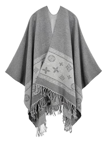 Women's Elegant Shawl Wraps, Soft Open Front Poncho Cape, Reversible Casual Cardigan Shawls for Gift Travel - color: Darkgrey-lightgrey